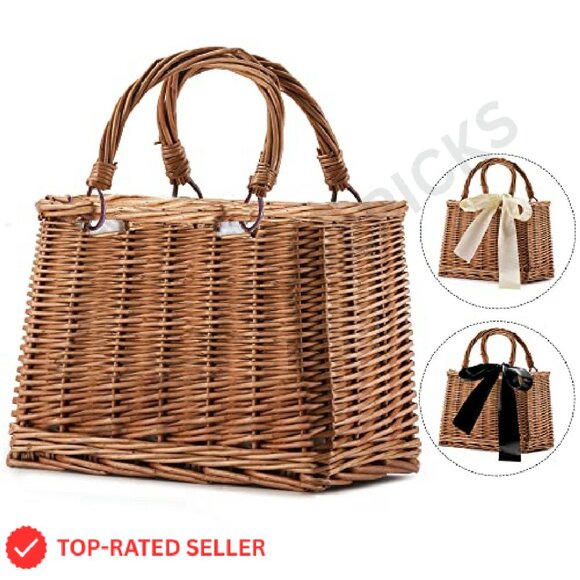 Rattan Woven Tote Handbag Summer Boho Chic Clutch Wicker Purse - Picture 4 of 8
